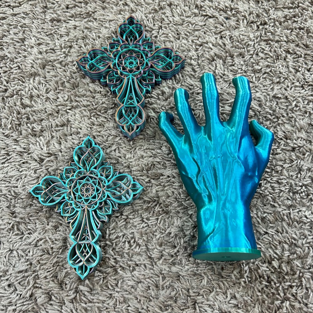 3D Printed Teal Metallic Hand‎ Sculpture & Mandala Filigree Wall Cross Set 3pc